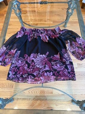 White House Black Market Black Off-Shoulder Blouse with Purple Floral Print